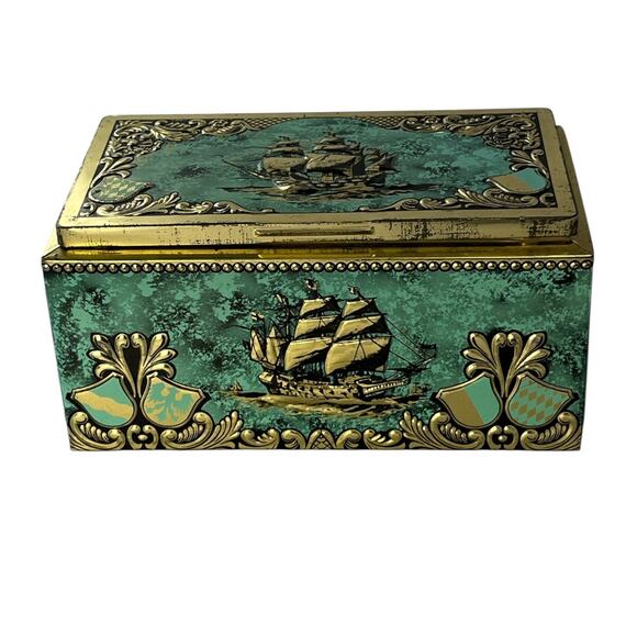 Vintage Tin Cigar Container Made In West Germany Ship Motif Green Teal Gold 8"L - Picture 1 of 7
